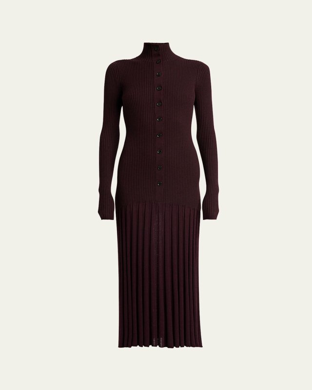 Jada Turtleneck Drop-Waist Button-Front Maxi Dress